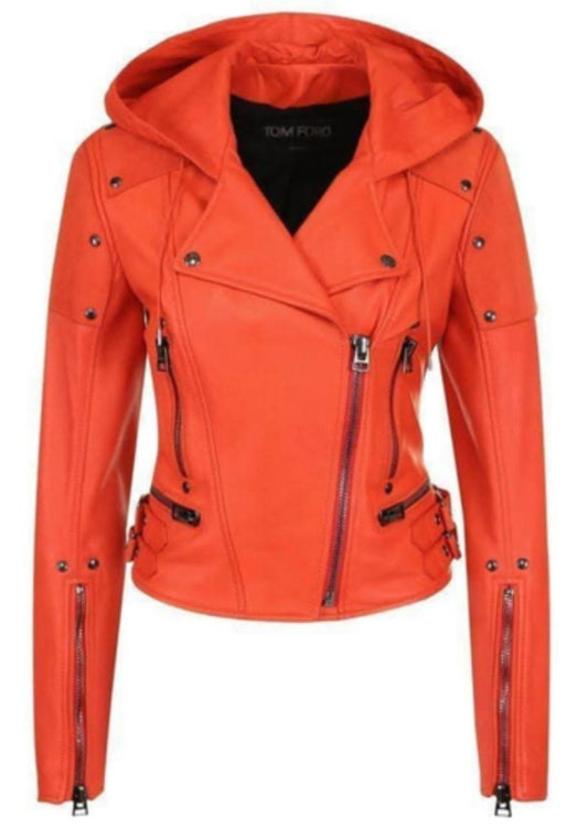 Women's Vibrant Orange Hooded Moto Leather Jacket - Luxe Regalia