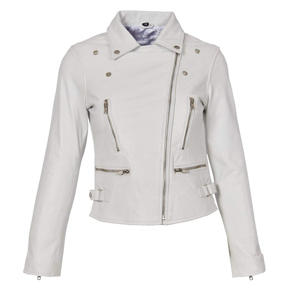 Women's White Asymmetrical Zipper Leather Biker Jacket – Classic Moto Style with Satin Lining & Adjustable Waist