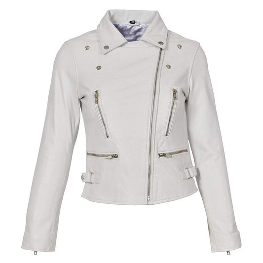 Women's White Asymmetrical Zipper Leather Biker Jacket – Classic Moto Style with Satin Lining & Adjustable Waist